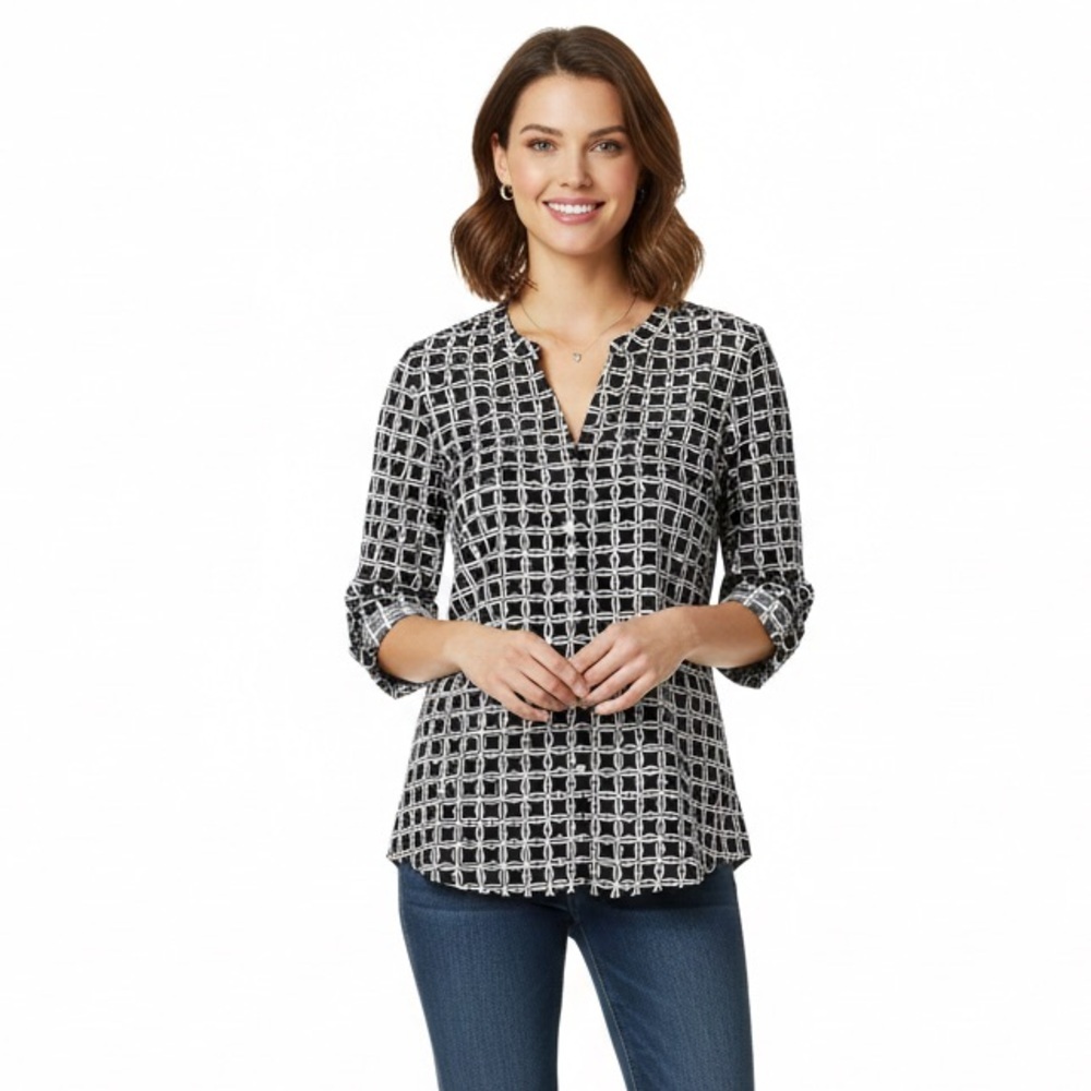 Adrienne Vittadini Black & White Geo Utility Blouse - XL - Roll Tab Sleeve - Picture 4 of 9